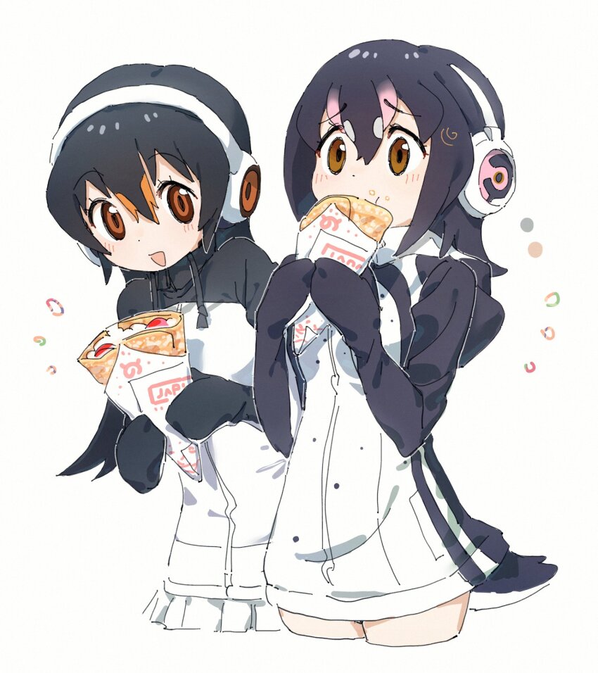 2girls black_hair black_sweater blush cowboy_shot eating food food_on_face gentoo_penguin_(kemono_friends) hair_between_eyes headphones highres hood hood_down humboldt_penguin_(kemono_friends) ice_cream_crepe japari_symbol kemono_friends long_hair long_sleeves mittens multicolored_hair multiple_girls nendo23 open_mouth orange_eyes orange_hair penguin_girl penguin_tail pink_hair pleated_skirt short_hair sidelocks skirt smile sweater tail turtleneck turtleneck_sweater two-tone_sweater white_hair white_skirt white_sweater