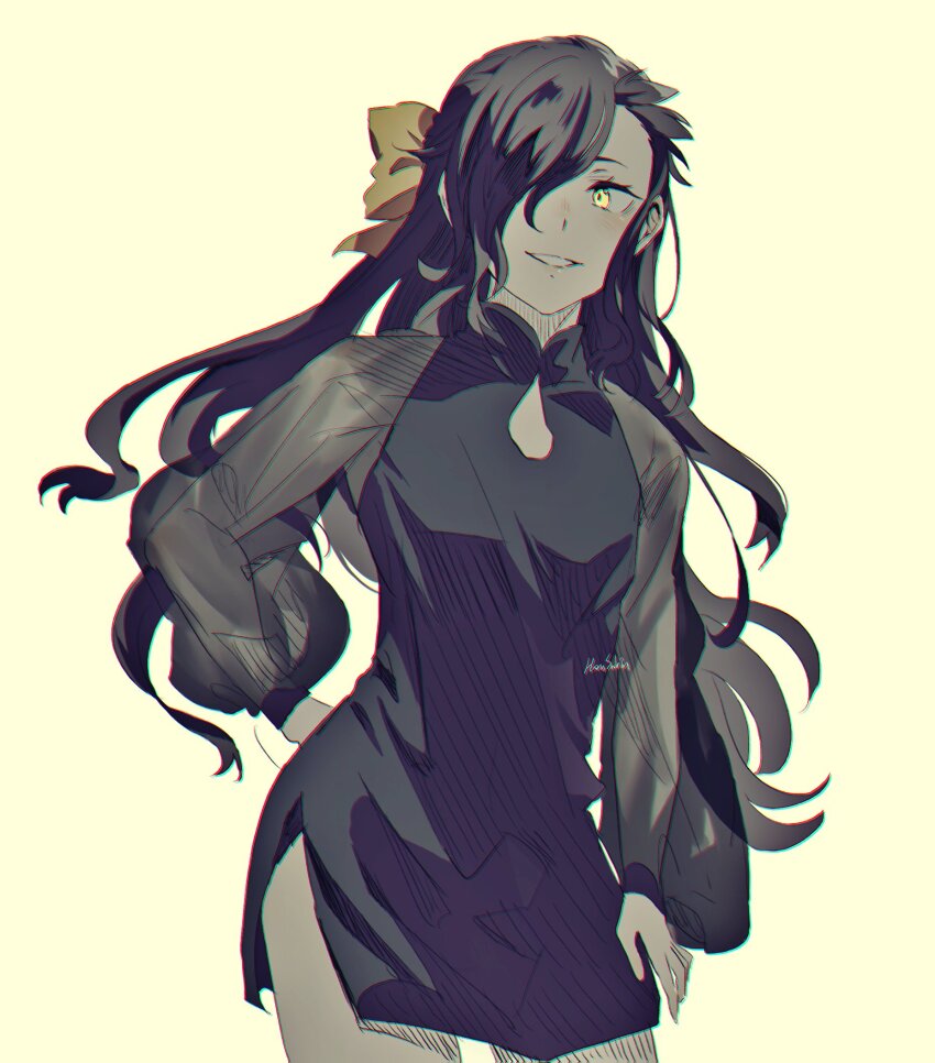1boy black_dress black_hair bow crossdressing crossdressing_(mtf) dress harusabin highres long_sleeves male_focus natsuki_subaru natsumi_schwarz re:zero_kara_hajimeru_isekai_seikatsu solo yellow_eyes