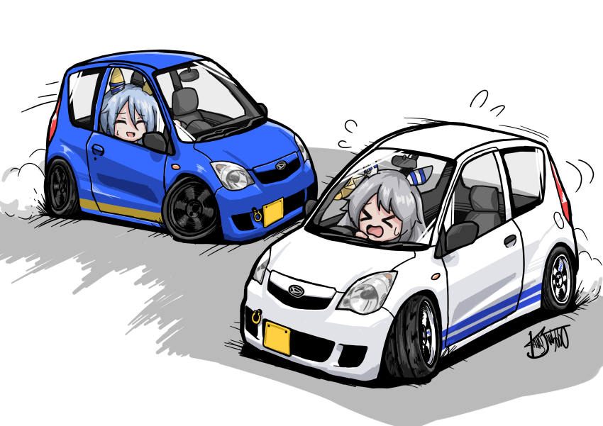 &gt;_&lt; 2girls ^_^ absurdres animal_ears blue_hair car closed_eyes daihatsu daihatsu_mira drifting ear_covers grey_hair hair_between_eyes highres hishi_miracle_(umamusume) horse_ears horse_girl k.s.miracle_(umamusume) kaito_schumacher motor_vehicle multiple_girls signature simple_background umamusume vehicle_focus white_background