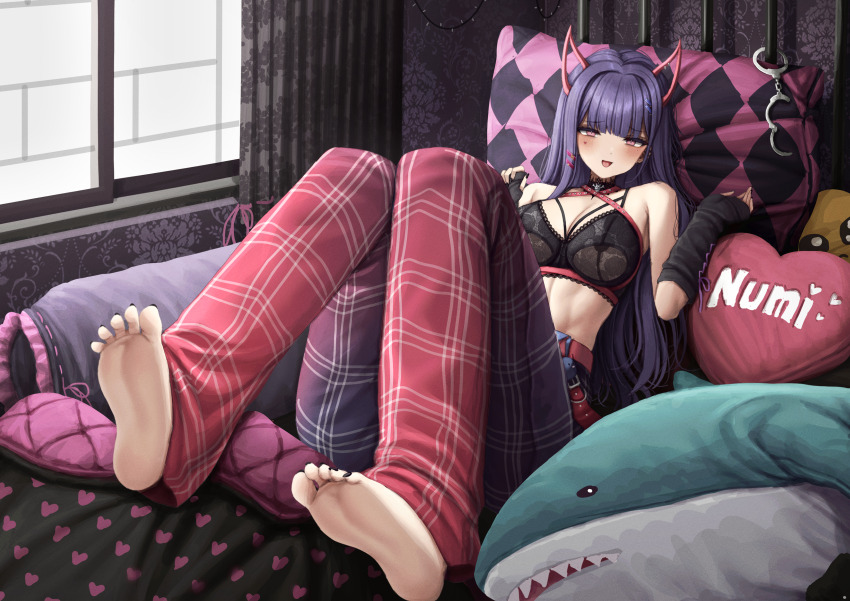 1girl absurdres akuma_nihmune arm_warmers barefoot bed belt black_nails bra breasts cuffs curtains demon_horns emoji eyebrows_visible_through_hat feet handcuffs heart heart-shaped_pillow highres horns ikea_shark indie_virtual_youtuber large_breasts lobsteranian long_hair nail_polish on_bed open_mouth pants pillow pink_eyes plaid_clothes plaid_pants purple_hair soles stuffed_animal stuffed_shark stuffed_toy toenail_polish toenails underwear virtual_youtuber window