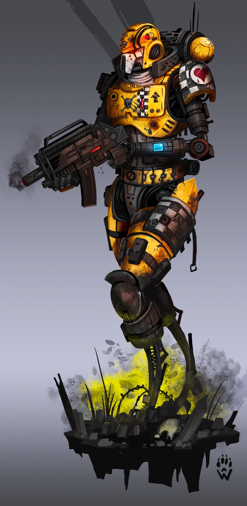 absurdres adeptus_astartes armor arrow_(symbol) barbed_wire battle_damage belt blood blood_drop blue_light bolter checkered_print commentary debris english_commentary glowing glowing_eyes gradient_background grey_background gun heart heart_print highres holding holding_gun holding_weapon joints lamenters_(40k) leg_belt mechanical_arms mechanical_legs pauldrons pilot_(titanfall_2) pouch red_eyes red_light robot robot_joints rubble running_blades scarf scratched_paint screw shoulder_armor simulacrum_(titanfall) single_pauldron skull_and_crossbones skull_print smoke submachine_gun tally tally_counter thigh_belt thigh_pouch thigh_strap titanfall_(series) torn_clothes torn_scarf warhammer_40k weapon wolfdawg_art yellow_armor