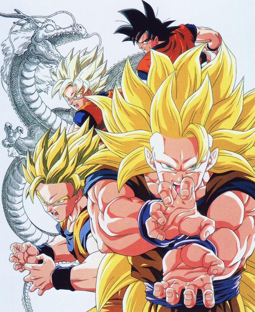 1boy attack black_eyes black_hair blonde_hair cleaned dougi dragon dragon_ball dragonball_z fighting_stance fingernails green_eyes highres incoming_attack kamehameha_(dragon_ball) long_hair looking_at_viewer male_focus official_art open_mouth outstretched_hand serious shenron short_hair simple_background solo son_goku spiked_hair super_saiyan super_saiyan_1 super_saiyan_2 super_saiyan_3 toei_animation very_long_hair white_background wristband yamamuro_tadayoshi
