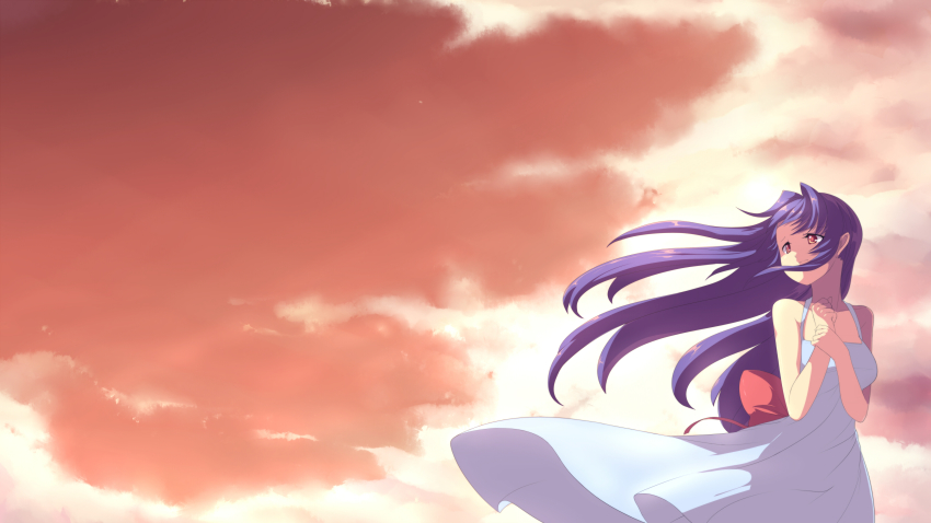 absurdres bare_shoulders cloud dress evening highres long_hair original purple_hair saiste sky sleeveless solo white_dress wind