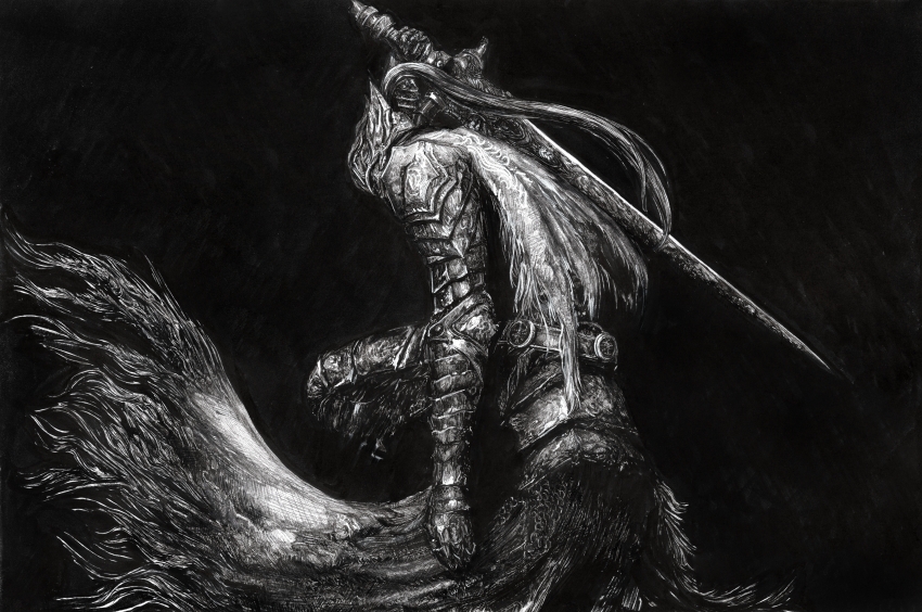 1boy absurdres armor artorias_the_abysswalker breastplate dark_souls_(series) dark_souls_i from_behind fu_xiao_ai gauntlets greyscale helmet highres holding holding_sword holding_weapon long_hair looking_at_viewer male_focus monochrome pauldrons plume shoulder_armor solo sword traditional_media weapon