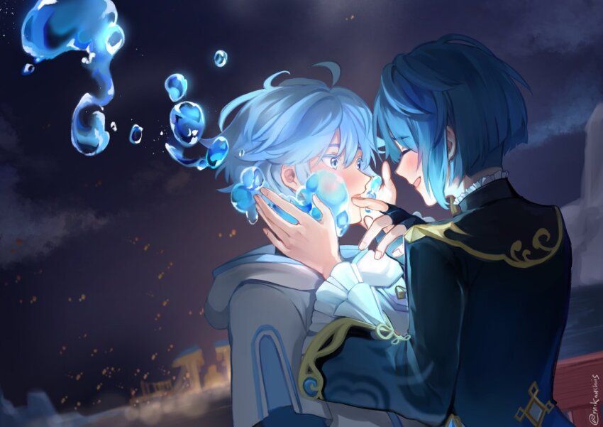 2boys :d :o ^_^ ahoge artist_name blue_coat blue_eyes blue_hair blurry blurry_background blush chongyun_(genshin_impact) closed_eyes cloud coat colored_eyelashes commentary english_commentary frilled_shirt_collar frilled_sleeves frills genshin_impact gold_trim hair_between_eyes hand_up hands_up hood hood_down hoodie long_sleeves looking_at_another male_focus mikanchii mountainous_horizon multiple_boys night night_sky open_mouth outdoors railing shirt short_hair short_sleeves sky smile twitter_username upper_body water water_drop white_hoodie white_shirt wide_sleeves wooden_railing xingqiu_(genshin_impact) yaoi