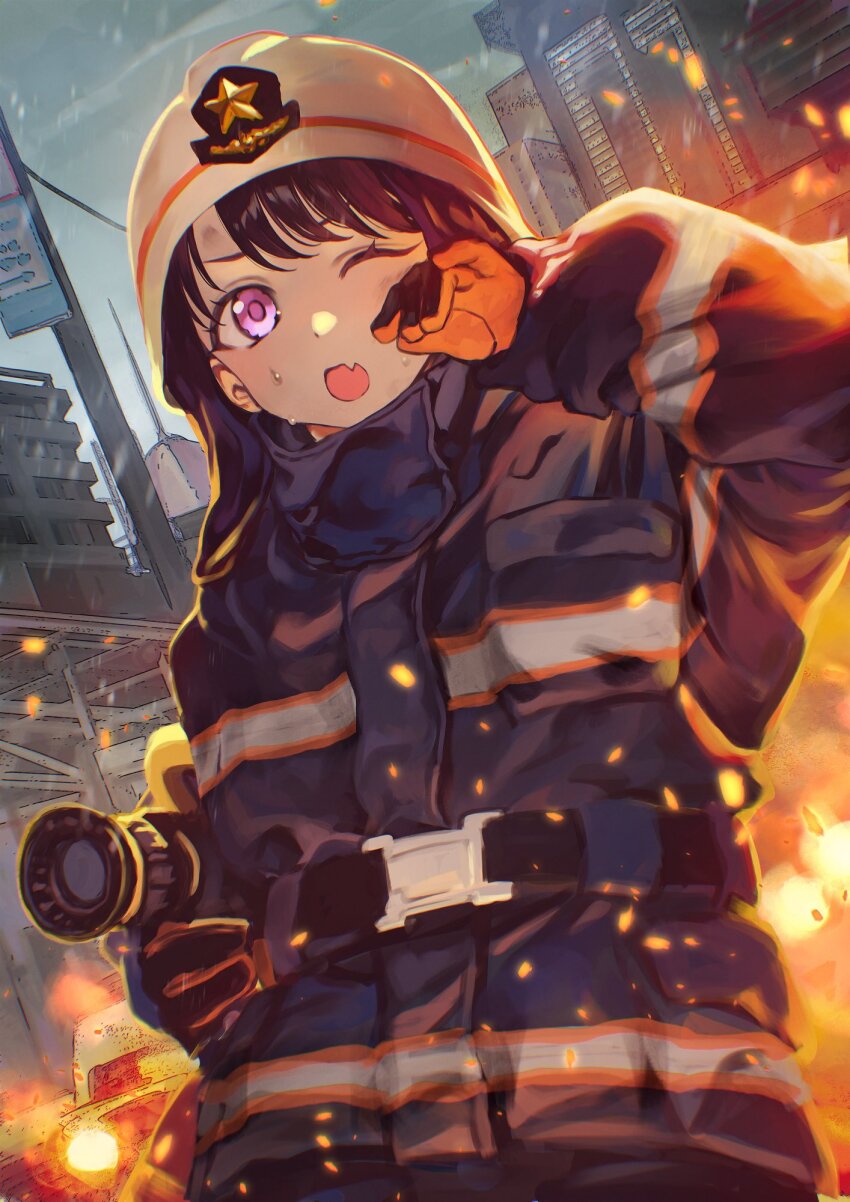 1girl apartment arm_up baggy_clothes belt black_hair blue_jacket building car city cloud cloudy_sky cowboy_shot eyelashes fang fire fire_helmet firefighter firefighter_jacket fukumaru_koito gloves hand_over_face helmet highres holding holding_hose hose idolmaster idolmaster_shiny_colors jacket long_sleeves motor_vehicle official_alternate_costume one_eye_closed open_mouth orange_gloves otsudou outdoors purple_eyes rain skin_fang sky solo standing sweat sweatdrop swept_bangs urban white_helmet