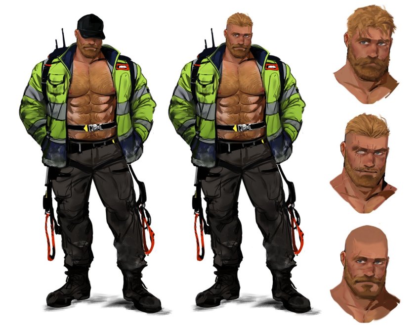 1boy abs alternate_hair_length alternate_hairstyle bald bara bare_pectorals black_footwear black_pants blind blonde_hair body_hair boots clothing_request collarbone dopey_(dopq) facial_hair firefighter firefighter_jacket grey_jacket hairstyle_request hairstyle_switch high-visibility_clothing high-visibility_jacket high_visibility_jacket jacket looking_at_viewer male_focus mature_male messy_hair multicolored_jacket multiple_views muscular muscular_male mustache navel_hair open_clothes open_jacket original pants pectorals reflective_clothes scar scar_on_face short_hair sideburns simple_background very_short_hair white_background yellow_jacket