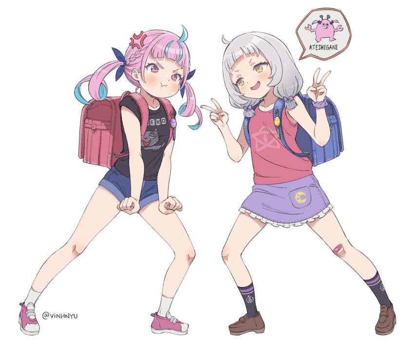 2girls :i aged_down ahoge alternate_costume anger_vein angry ankle_socks arched_bangs arm_at_side artist_name backpack bag bandaid bandaid_on_knee bandaid_on_leg black_shirt black_socks blue_bag blue_bow blue_hair blue_shorts blush bow braid brown_footwear character_print clenched_hands clothes_writing collarbone commentary_request denim denim_shorts double_v drill_hair eye_contact frilled_skirt frills full_body grey_hair hair_bow highres hololive looking_at_another medium_hair minato_aqua multicolored_hair multiple_girls murasaki_shion neko_(minato_aqua) open_mouth pencil_skirt pink_eyes pink_hair pink_shoes pout purple_skirt randoseru red_bag red_tank_top shirt shoes short_bangs short_shorts shorts skirt sleeveless socks spoken_character spread_legs standing streaked_hair striped_clothes striped_socks t-shirt tank_top teasing twin_drills two-tone_hair v v-shaped_eyebrows vertical-striped_clothes vertical-striped_socks vinhnyu virtual_youtuber white_background white_socks wide_spread_legs yellow_eyes