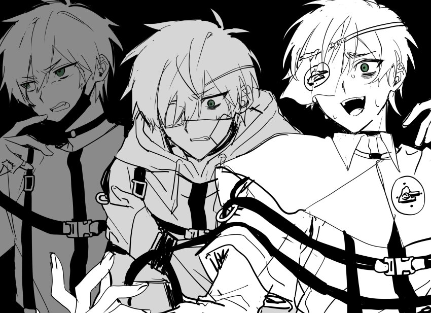 3boys absurdres eyepatch highres kajiyama_fuuta mask medical_eyepatch milgram mouth_mask multiple_boys multiple_persona nervous_smile nervous_sweating official_alternate_costume open_mouth smile spot_color sweat zun_bird