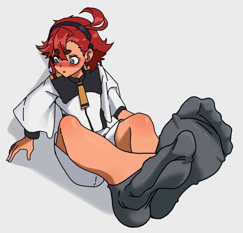 1girl absurdres black_socks blue_eyes blush feet gundam gundam_suisei_no_majo highres long_hair looking_to_the_side parted_lips paxa349 red_hair socks soles suletta_mercury toes