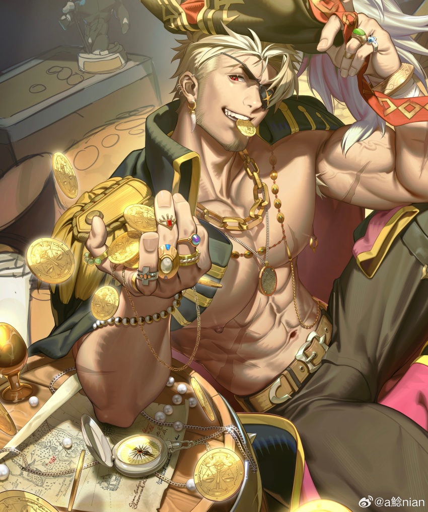 1boy abs absurdres bara bara_pirate bare_pectorals beard blonde_hair bulge chiizu_namasu coat coat_on_shoulders coin eyepatch facial_hair feet_out_of_frame from_above gold_coin hat highres large_pectorals male_focus mature_male mouth_hold muscular muscular_male navel nipples original pants pectorals pirate pirate_hat red_eyes rich scar scar_on_chest short_hair smile thick_eyebrows throwing throwing_money veins veiny_arms