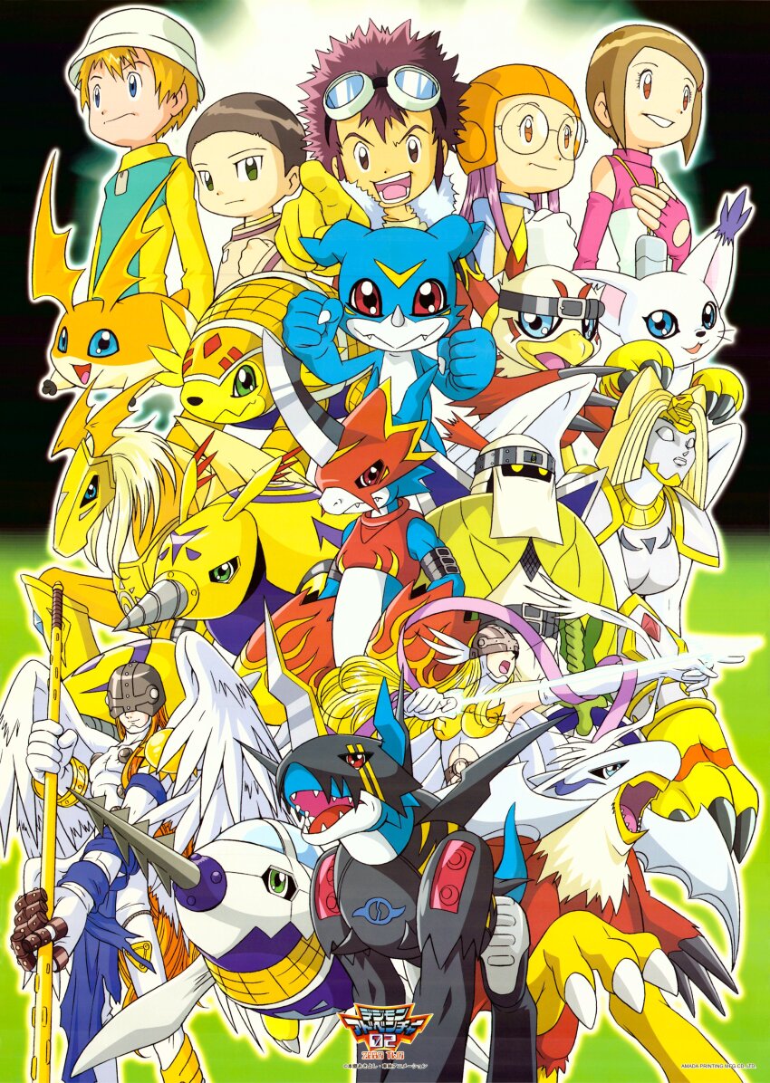 2girls 3boys absurdres angemon angewomon armadillo armadimon bird cat digimon digimon_(creature) digimon_adventure_02 fladramon glasses hawkmon hida_iori highres holsmon inoue_miyako lighdramon long_hair motomiya_daisuke multiple_boys multiple_girls nefertimon orange_eyes patamon pegasmon pink_hair shurimon submarimon tailmon takaishi_takeru v-mon wings yagami_hikari