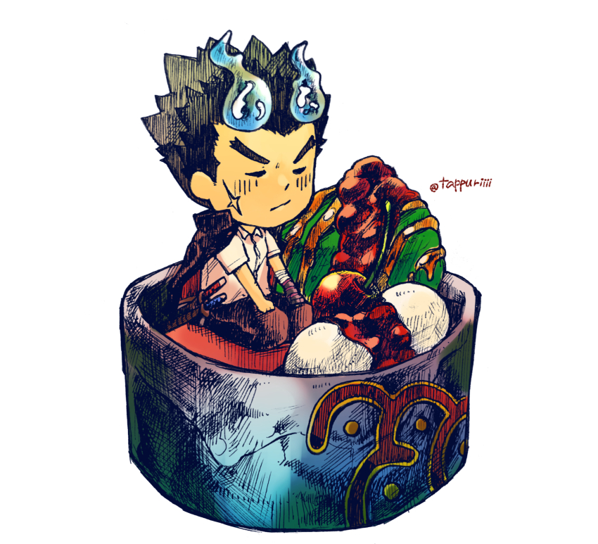 1boy black_hair blue_fire blush chaba_ga_oishii closed_eyes closed_mouth facial_scar fire food food_request highres in_bowl in_container jacket jacket_on_shoulders kneeling male_focus sakimori_toji scar scar_on_cheek scar_on_face sheath sheathed short_hair simple_background solo sword tokyo_houkago_summoners twitter_username v-shaped_eyebrows weapon white_background