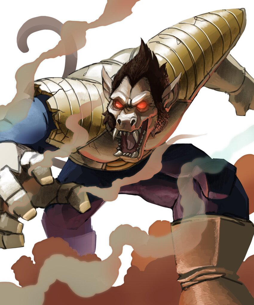 alex_alcanter alien ape armor bodysuit boots crack dragon_ball dragonball_z fangs giant giant_monster gloves highres kaiju monster no_humans no_pupils oozaru open_mouth pointy_ears pointy_hair red_eyes sharp_teeth shoulder_armor shoulder_pads simple_background smoke space_monster tail teeth toei_animation tongue transformation vegeta white_background