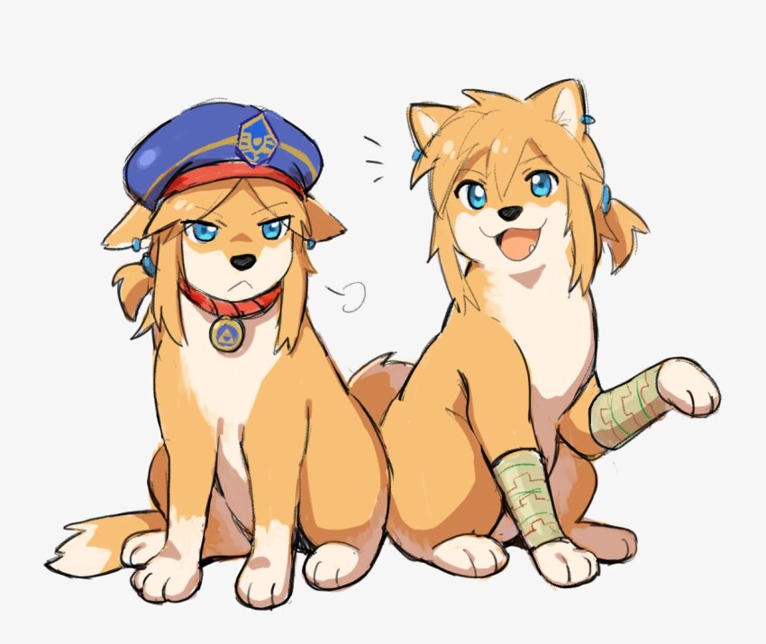 animalization atomaru beret blonde_hair blue_eyes blue_hat closed_mouth collar commentary dog fang hair_tie hat link multiple_views nintendo open_mouth ponytail puff_of_air red_collar short_ponytail sidelocks simple_background smile the_legend_of_zelda the_legend_of_zelda:_breath_of_the_wild triforce white_background yellow_fur