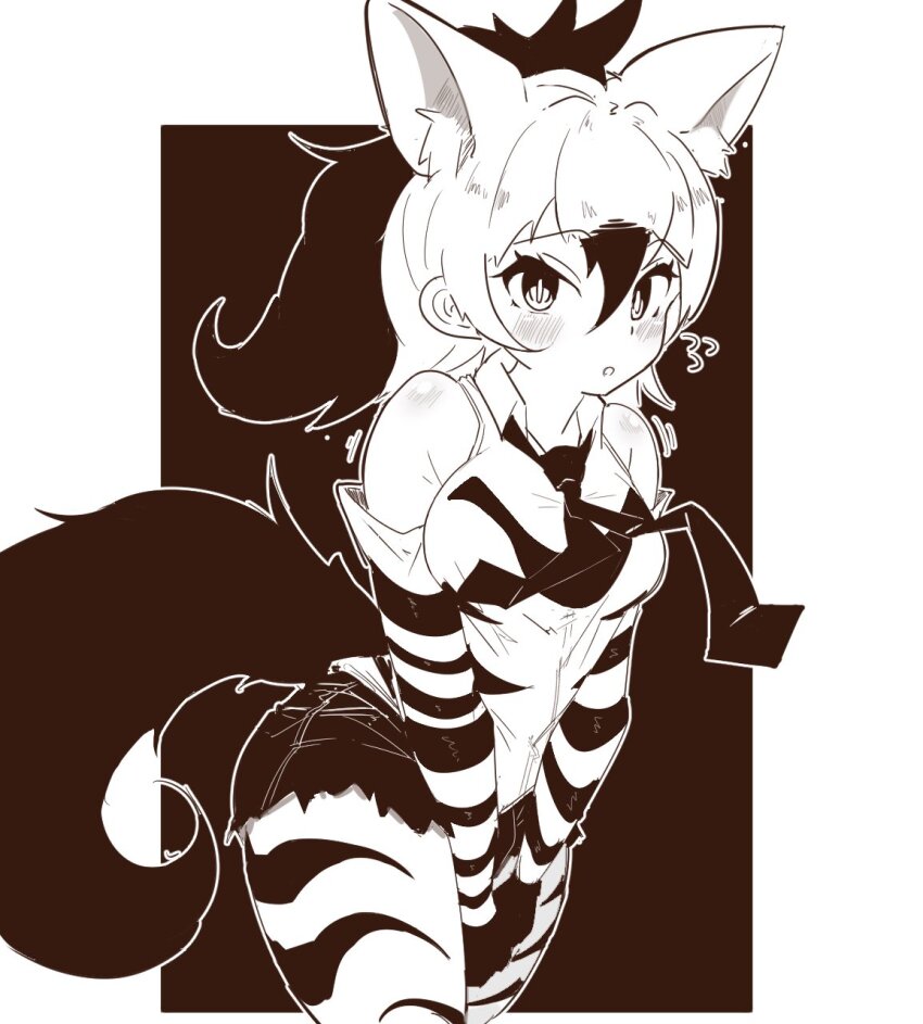 1girl aardwolf_(kemono_friends) animal_ears animal_print anteater_tail bare_shoulders black_hair blush elbow_gloves extra_ears gloves hair_between_eyes highres kemono_friends long_hair multicolored_hair necktie open_mouth pantyhose ponytail print_gloves shirt shorts sleeveless sleeveless_shirt tail two-tone_hair white_hair wonderful_waon