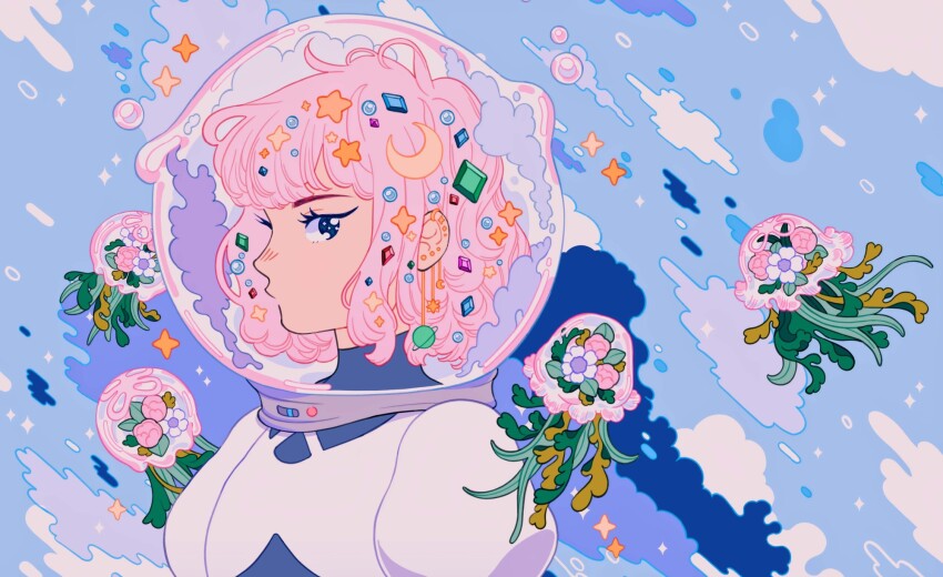 1girl animal astronaut blue_clouds blue_eyes blue_gemstone blue_sky bubble closed_mouth cloud cloudy_sky commentary crescent crescent_earrings crescent_hair_ornament day earrings english_commentary fish flower flying_fish gem gem_hair_ornament gold_earrings green_gemstone hair_ornament helmet highres jellyfish jewelry leaf long_eyelashes long_sleeves looking_at_viewer meyoco multiple_piercings original outdoors pastel_colors pearl_(gemstone) pink_flower pink_hair planet_earrings plant purple_gemstone red_gemstone saturn_(planet) short_hair sky solo space_helmet sparkle star_(symbol) star_earrings surreal too_many_hair_ornaments white_flower