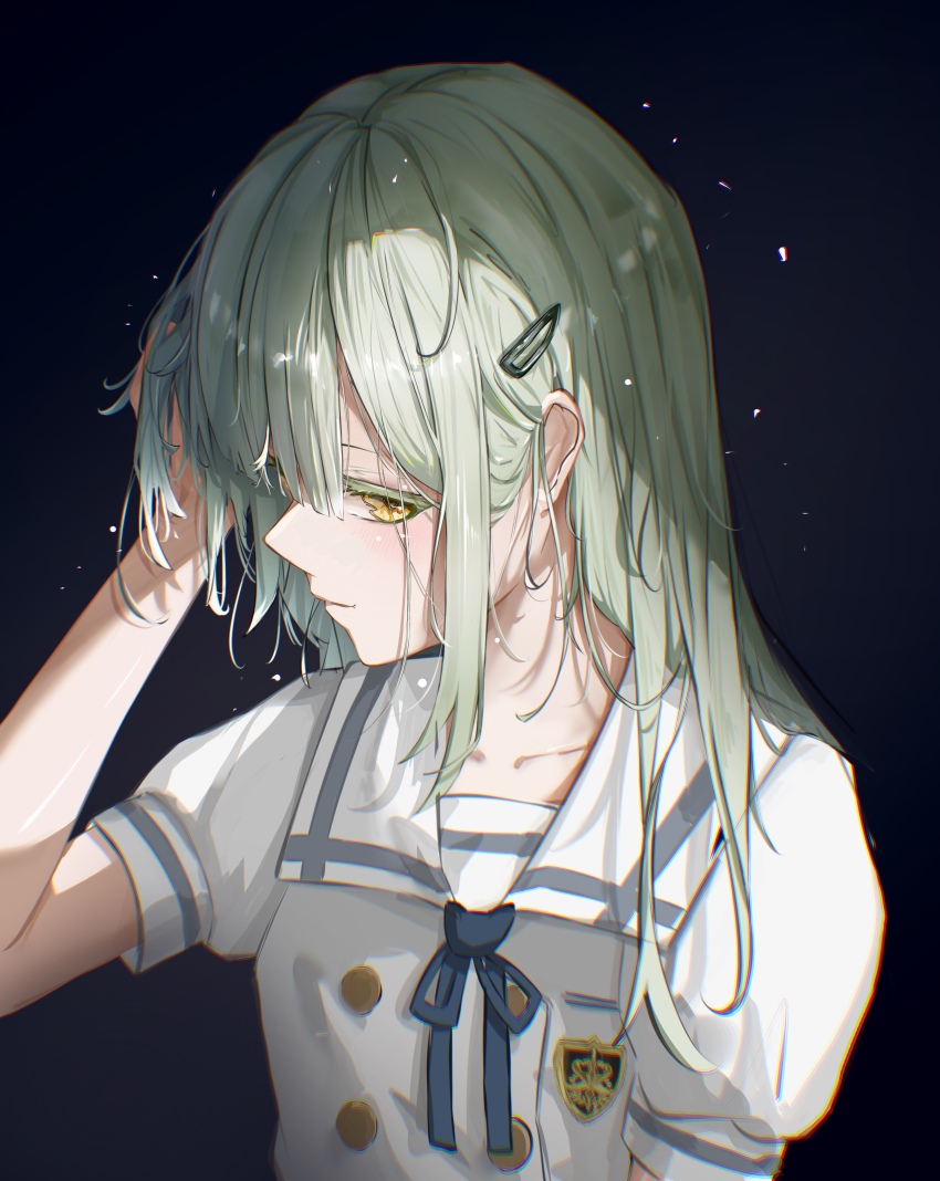 1girl absurdres bang_dream! bang_dream!_it&#039;s_mygo!!!!! blue_ribbon closed_mouth collarbone green_hair hair_ornament hairclip hand_in_own_hair highres light_smile long_hair neck_ribbon ribbon sailor_collar sailor_shirt school_uniform shirt short_sleeves solo straight_hair tsukinomori_school_uniform upper_body user_psvw4345 wakaba_mutsumi white_sailor_collar white_shirt yellow_eyes