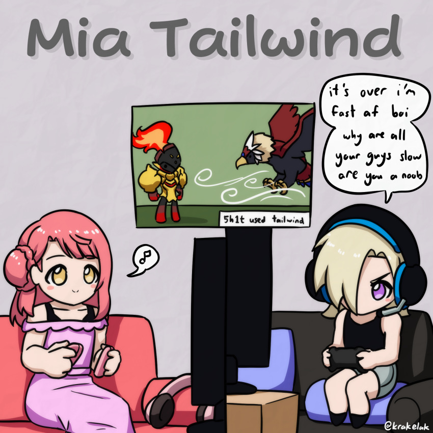 2girls black_shirt blonde_hair blunt_bangs blush_stickers braviary bun_with_braided_base ceruledge closed_mouth commentary couch deformed dress english_commentary english_text gen_5_pokemon grey_shorts hair_bun hair_over_one_eye half_updo headphones headset highres krakelak long_dress love_live! love_live!_nijigasaki_high_school_idol_club medium_hair mia_taylor multiple_girls musical_note nintendo no_mouth off-shoulder_dress off_shoulder on_couch one_eye_covered pink_dress pink_hair playing_games pokemon pokemon_(creature) purple_eyes shirt short_hair shorts single_side_bun sitting sitting_on_pillow sleeveless sleeveless_shirt smile speech_bubble split_mouth spoken_musical_note swept_bangs television text_focus twitter_username uehara_ayumu unworn_headphones v-shaped_eyebrows video_game yellow_eyes