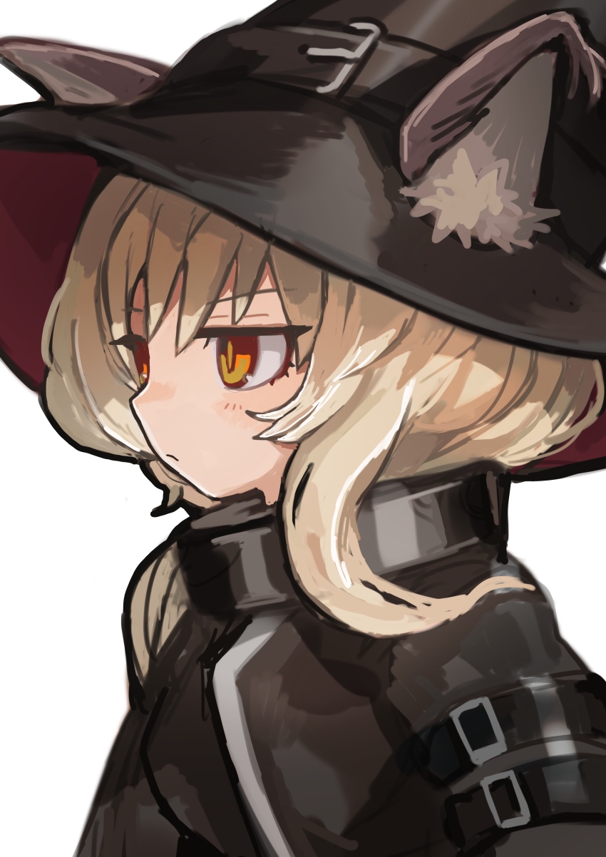 1girl absurdres animal_ears arknights black_hat black_jacket blonde_hair cat_ears cat_girl dido_(di_do_di_do) ears_through_headwear from_side hat hat_belt haze_(arknights) highres jacket long_hair long_sleeves sidelocks simple_background solo upper_body white_background witch_hat