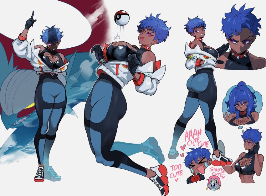 1girl aged_up alternate_hair_length alternate_hairstyle ass blue_hair breasts dark-skinned_female dark_skin english_text frigibax highres huge_ass imagining large_breasts mature_female mole mole_under_eye mole_under_mouth nintendo nyantcha original pixie_cut pokemon purple_eyes roaring_moon short_hair thick_thighs thighs tomboy very_dark_skin zoraida_(nyantcha)