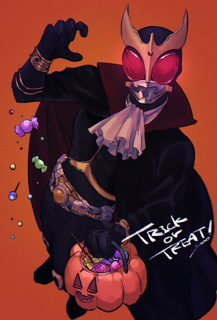 1boy arcle_(kuuga) armor beetle black_cloak bug candy cloak derivative_work food frp539 gold_armor happy_halloween highres horns insect kamen_rider kamen_rider_kuuga kamen_rider_kuuga_(series) kuuga_(amazing_mighty) leg_armor male_focus open_hand photo-referenced red_background red_eyes rider_belt stag_beetle tokusatsu trick_or_treat vampire vampire_costume winter