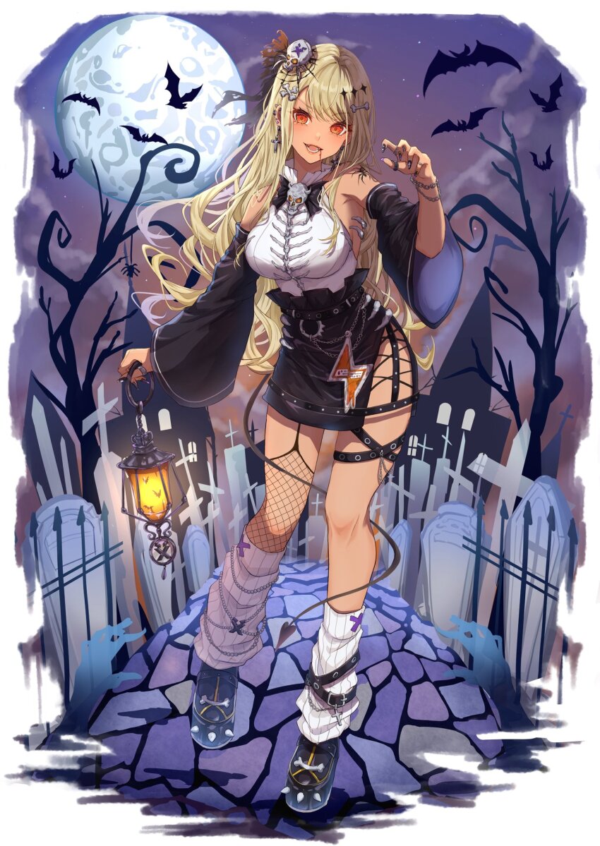 1girl alternate_costume armpits bat_(animal) belly_chain black_shoes black_skirt blonde_hair blood blood_on_face breasts calflet cross cross_earrings detached_sleeves ear_piercing earrings fangs fishnet_thighhighs fishnets full_moon gyaru hair_ornament halloween halloween_costume halter_shirt halterneck highres holding holding_lantern jewelry kaminari_qpi lantern large_breasts long_hair loose_socks miya_(_32miya107) moon nail_polish pavement piercing red_eyes ribbed_socks ring rokku_gyaru shirt shoes shoulder_tattoo side_slit single_fishnet_legwear single_thighhigh skirt skull_hair_ornament skull_ornament sleeveless sleeveless_shirt socks solo spiked_ear_piercing spiked_shoes spikes tattoo thigh_strap thighhighs tombstone virtual_youtuber vspo! white_shirt white_socks wide_sleeves wrist_chain