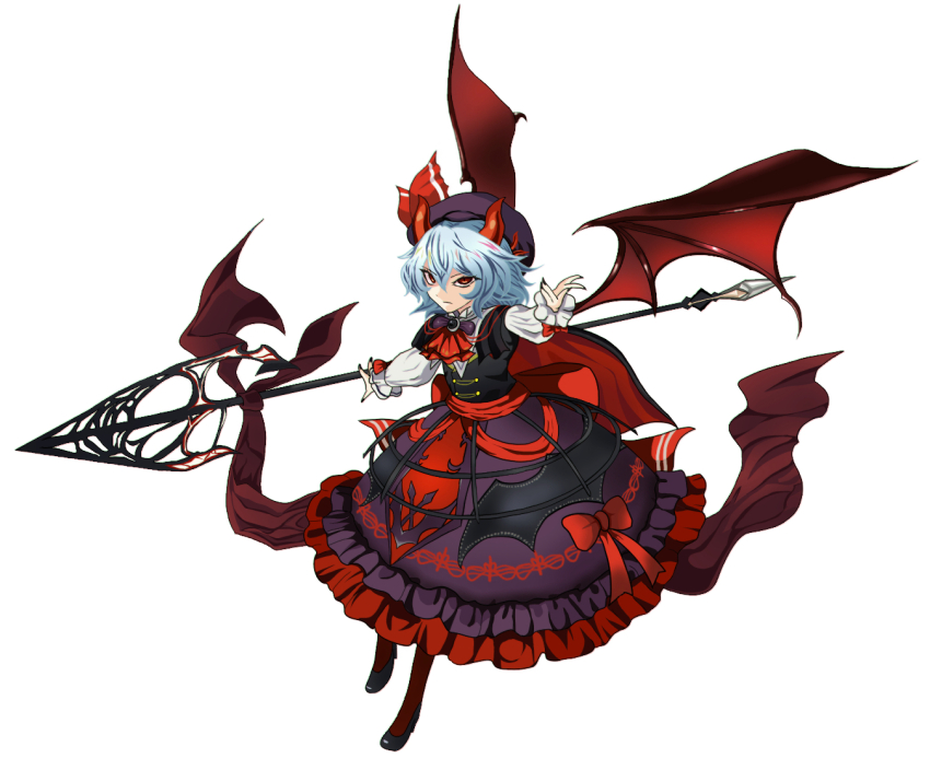 1girl alternate_color bat_wings black_dress black_hat blue_hair closed_mouth commentary_request dress frilled_dress frills full_body hat horns looking_at_viewer merihari07 red_eyes red_horns red_nails remilia_scarlet remilia_scarlet_(tiny_devil_mistress) short_hair simple_background solo spear_the_gungnir touhou touhou_lostword white_background wings