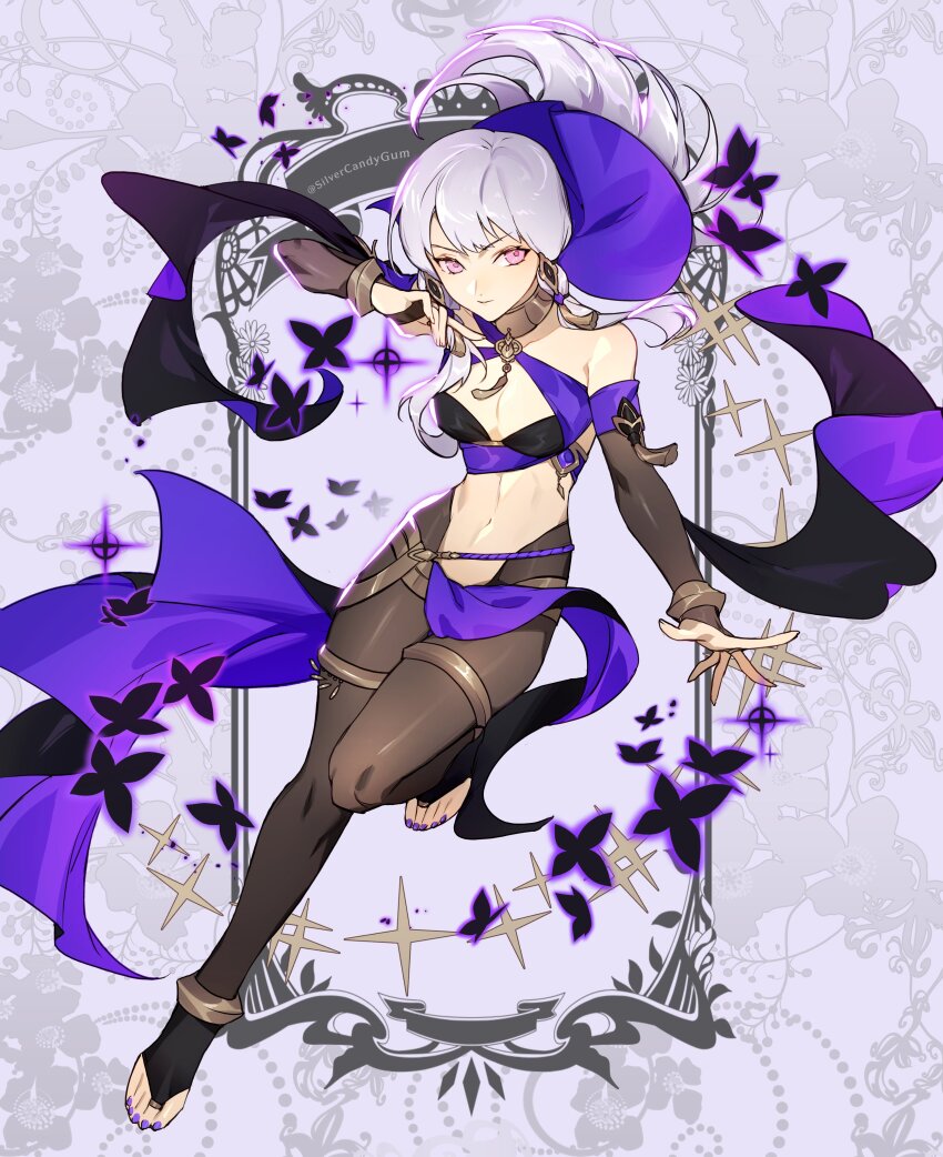 1girl absurdres alternate_costume bodystocking breasts cleavage closed_mouth commentary commission cosplay dancer dorothea_arnault dorothea_arnault_(plegian) dorothea_arnault_(plegian)_(cosplay) english_commentary fire_emblem fire_emblem:_three_houses fire_emblem_heroes floating_hair highres lene_(plegian)_(fire_emblem) lene_(plegian)_(fire_emblem)_(cosplay) long_hair lysithea_von_ordelia lysithea_von_ordelia_(timeskip) medium_breasts navel nintendo pantyhose pink_eyes purple_nails revealing_clothes silvercandy_gum solo stomach toenails toes twitter_username veil white_hair