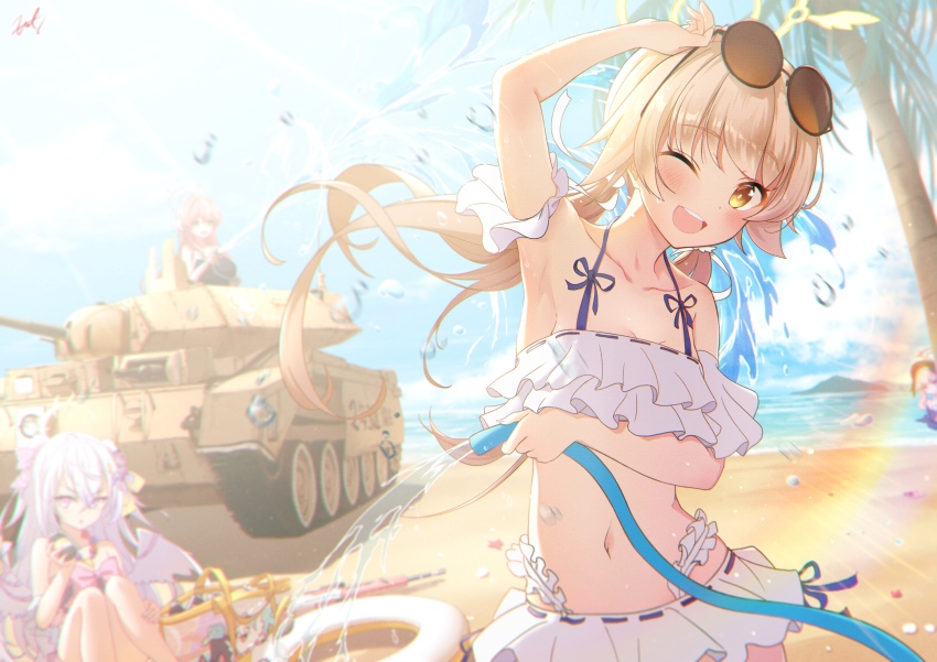 4girls ;d absurdres azusa_(blue_archive) azusa_(swimsuit)_(blue_archive) beach bikini blue_archive blue_sky brown_hair cloud day eyewear_on_head frilled_bikini frills fritz614 hanako_(blue_archive) hifumi_(blue_archive) hifumi_(swimsuit)_(blue_archive) highres holding holding_hose hose koharu_(blue_archive) low_twintails military_vehicle motor_vehicle multiple_girls navel ocean official_alternate_costume one_eye_closed open_mouth outdoors palm_tree round_eyewear sky smile sunglasses swimsuit tank tree twintails white_bikini yellow_eyes