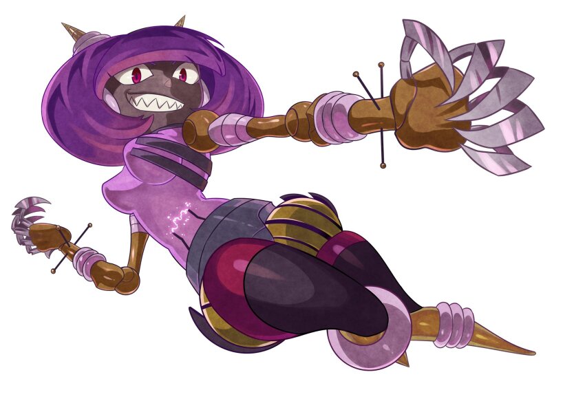 1girl bob_cut breasts claws commentary_request dark-skinned_female dark_skin dynatron_(mighty_no._9) electricity full_body grin hand_up highres horns joints light_bulb looking_at_viewer medium_breasts mighty_no._9 no_cape no_feet outstretched_hand purple_hair red_eyes robot robot_girl robot_joints see-through_body sharp_teeth short_hair simple_background smile solo takenokonoko teeth thighs variant_set very_dark_skin white_background yellow_horns
