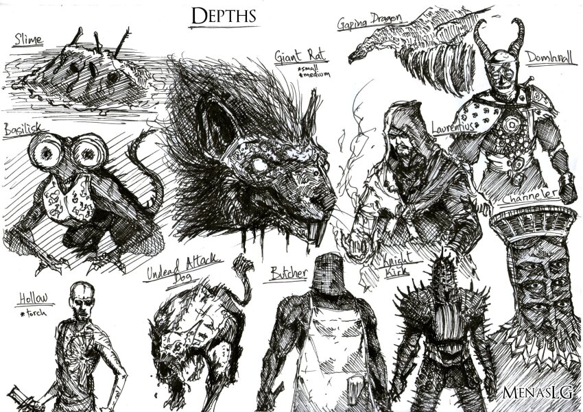 apron armor artist_name basilisk broken broken_sword broken_weapon commentary creature dark_souls_(series) dark_souls_i dog dragon english_commentary english_text extra_eyes full_armor greyscale highres holding holding_sword holding_weapon hood hood_up horns knight_of_thorns_kirk laurentius_of_the_great_swamp menaslg monochrome mouse_(animal) multiple_boys sketch slime_(creature) sword weapon