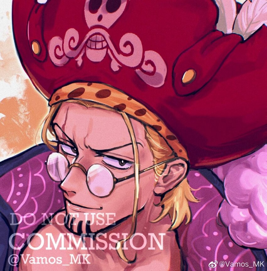 1boy black_eyes blonde_hair closed_mouth commentary_request commission facial_hair glasses goatee hat hat_feather looking_at_viewer male_focus one_piece pirate_hat red_hat short_hair silvers_rayleigh solo vamos_mk