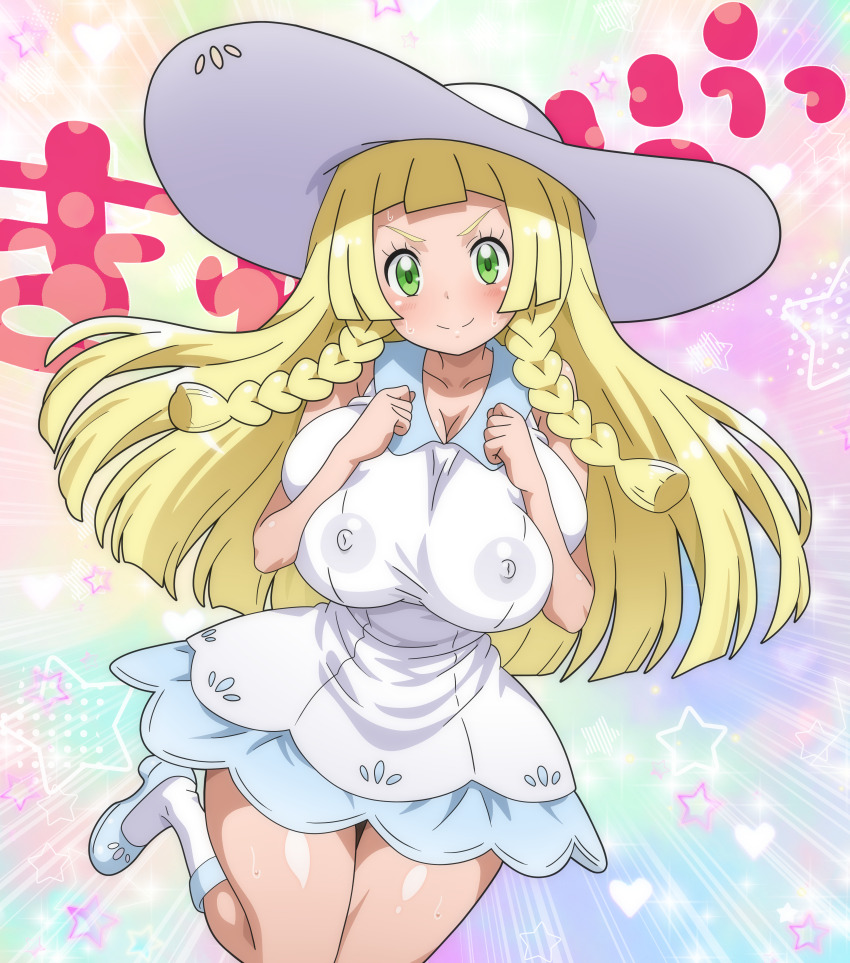 1girl absurdres blonde_hair braid breasts collared_dress covered_erect_nipples dress female_focus green_eyes hat highres hitokiwa_kenchin large_breasts lillie_(pokemon) nintendo no_bra pokemon pokemon_sm pokemon_tcg pokemon_tcg_pocket solo sun_hat sundress sweat twin_braids white_dress