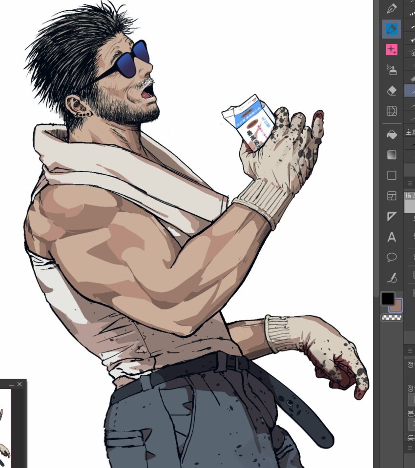 1boy bara bare_shoulders belt cowboy_shot denim drink dutch_angle ear_piercing facial_hair from_side gloves hand_up highres holding holding_milk_carton jeans jjindeuk male_focus mature_male milk_carton multiple_piercings muscular muscular_male open_mouth original pants piercing short_hair solo sunglasses tank_top white_background white_gloves white_tank_top