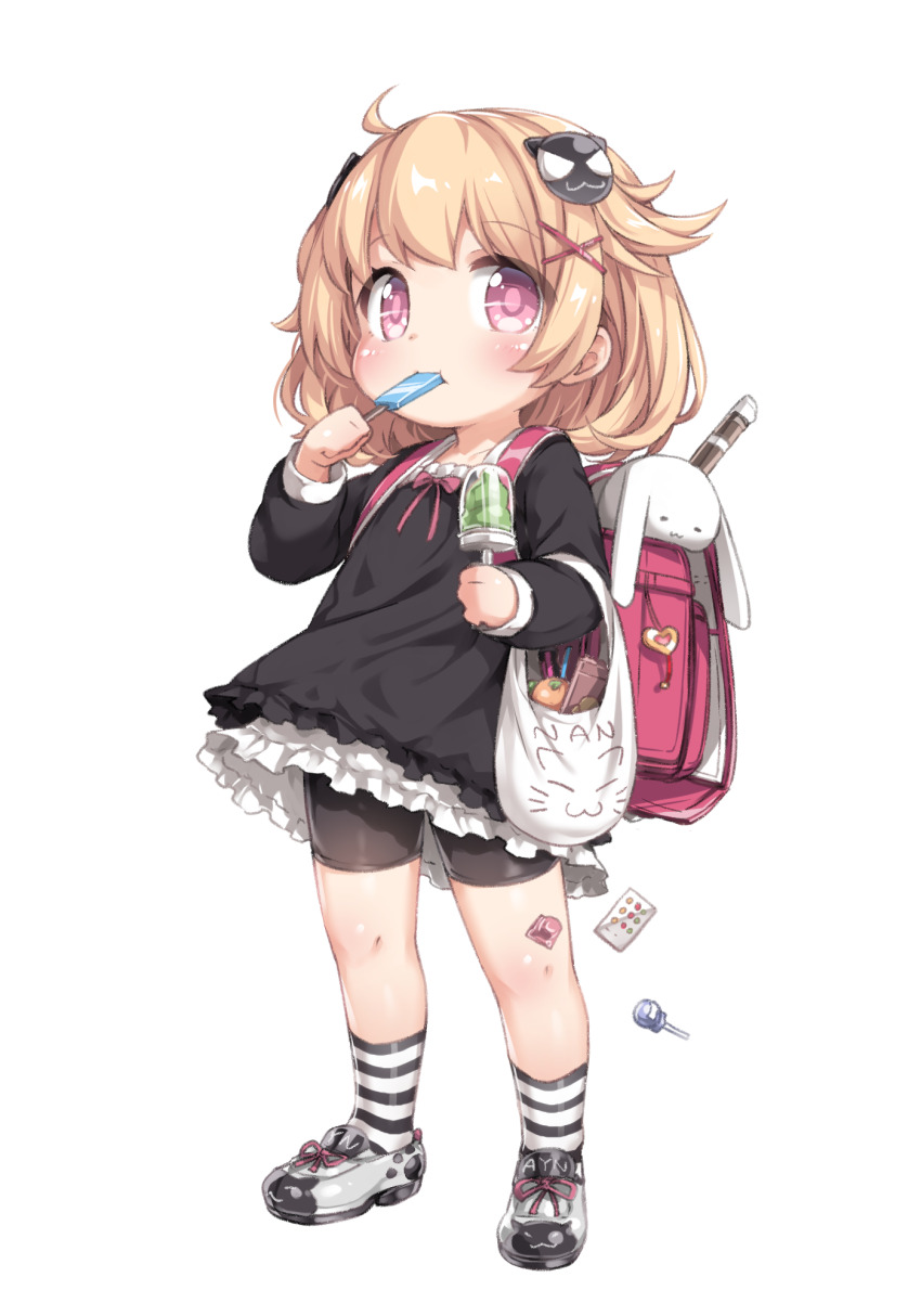 1girl ahoge backpack bag black_dress black_shoes black_shorts black_socks blonde_hair candy child closed_mouth commentary_request dress eating flute food food_in_mouth full_body hair_ornament highres holding holding_food instrument lollipop long_sleeves medium_hair multicolored_shoes original panda_hair_ornament pink_bag pink_eyes plastic_bag randoseru shoes shorts shorts_under_dress socks solo standing striped_clothes striped_socks stuffed_animal stuffed_rabbit stuffed_toy tamase_tama two-tone_shoes two-tone_socks white_background white_shoes white_socks x_hair_ornament