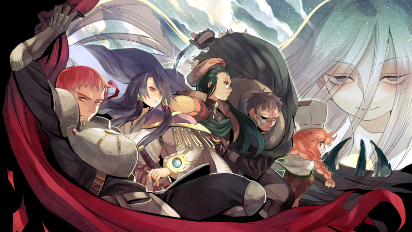 1boy 3girls armor british_(rance) cafe_artful cape chaos_(rance) commentary_request eternal_heroes_(rance) glasses green_hair grey_eyes grey_hair half_mask hat hayasaka highres ho_laga japanese_clothes jill_(rance_series) katana kimono knight long_hair mask multiple_girls nikkou_(rance_series) orange_hair purple_hair rance_(series) red_eyes smile sword weapon