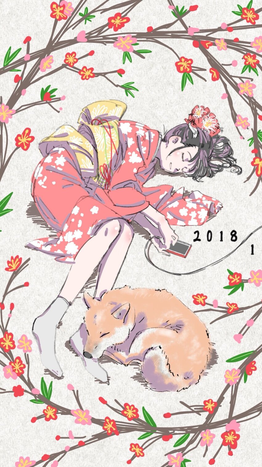 1girl 2018 black_hair chinese_zodiac commentary_request dog flower hair_flower hair_ornament highres japanese_clothes kimono lying new_year on_side original red_kimono saitama_(antitankromeo) sketch sleeping socks year_of_the_dog