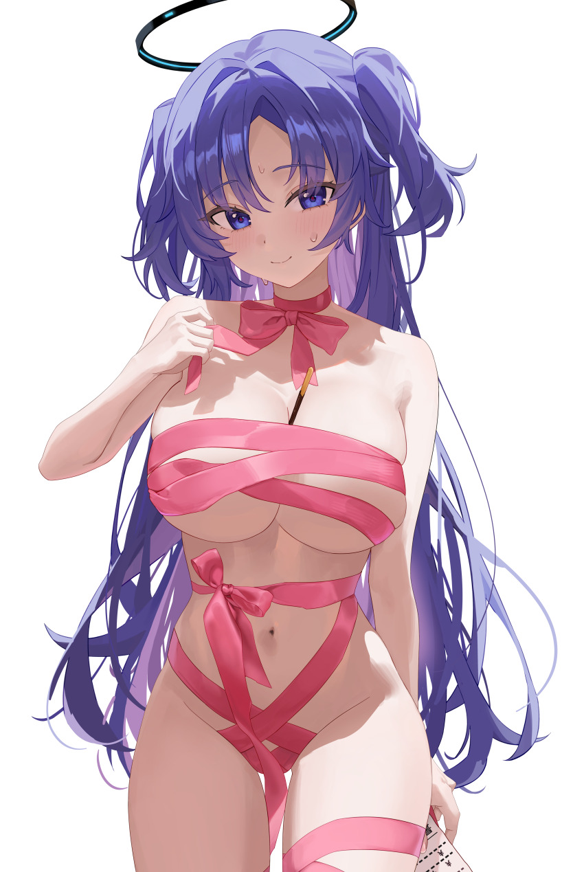 1girl absurdres artistic_error between_breasts black_halo blue_archive blue_eyes blue_hair blush bow breasts cleavage closed_mouth commentary_request cowboy_shot curvy eyelashes eyes_visible_through_hair food food_between_breasts groin hair_intakes halo hand_up hido88 highres korean_commentary large_breasts long_hair looking_at_viewer mechanical_halo naked_ribbon navel parted_bangs pink_bow pink_ribbon pocky ribbon seductive_smile simple_background smile solo sweat thighs tsurime two_side_up very_long_hair white_background yuuka_(blue_archive)