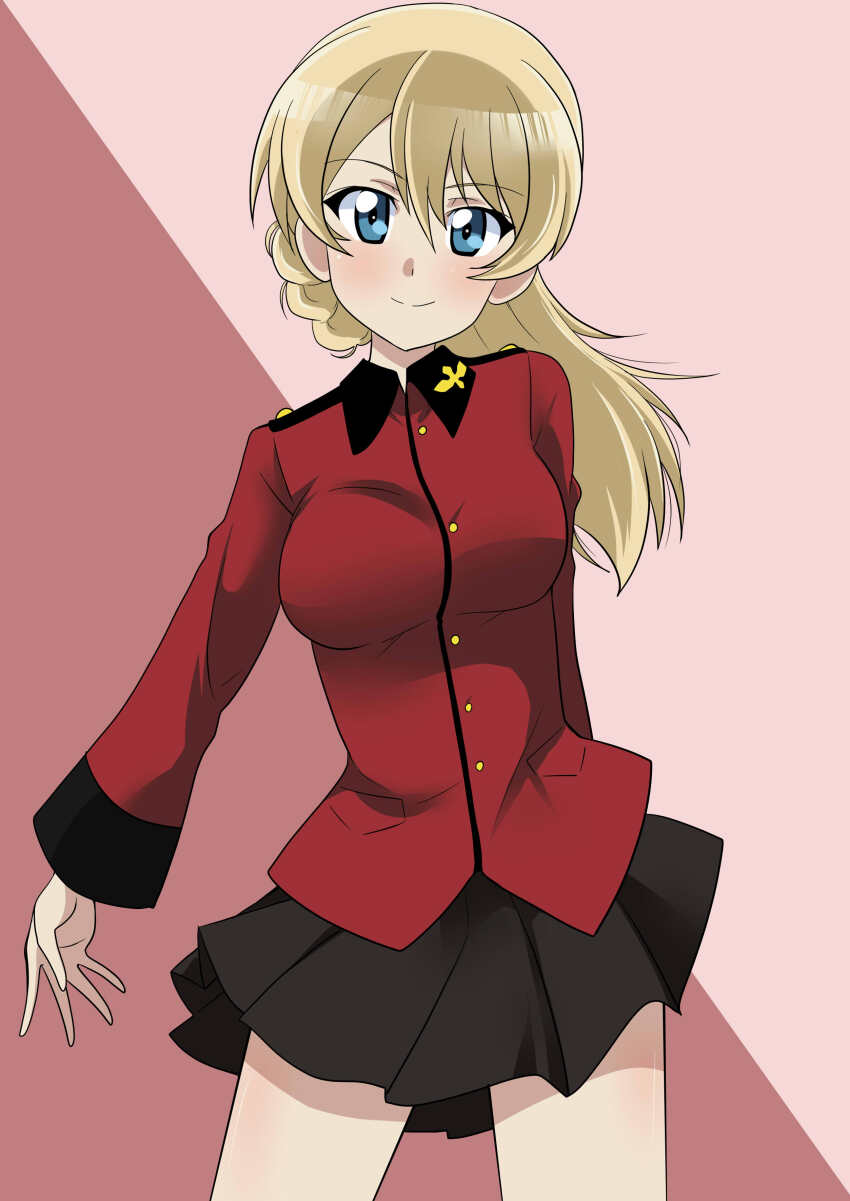 1girl absurdres alternate_hairstyle arm_behind_back black_skirt blonde_hair blue_eyes braid breasts darjeeling_(girls_und_panzer) girls_und_panzer hair_down highres jacket large_breasts long_hair miniskirt pink_background red_jacket skirt smile st._gloriana&#039;s_military_uniform standing wakku_kan