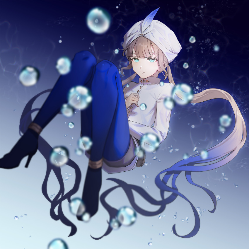 1boy artist_name blue_eyes bubble captain_nemo_(fate) captain_nemo_(first_ascension)_(fate) fate/grand_order fate_(series) gradient_hair high_heels highres long_hair male_focus multicolored_hair nemo_(fate) shorts turban twintails underwater waterstaring