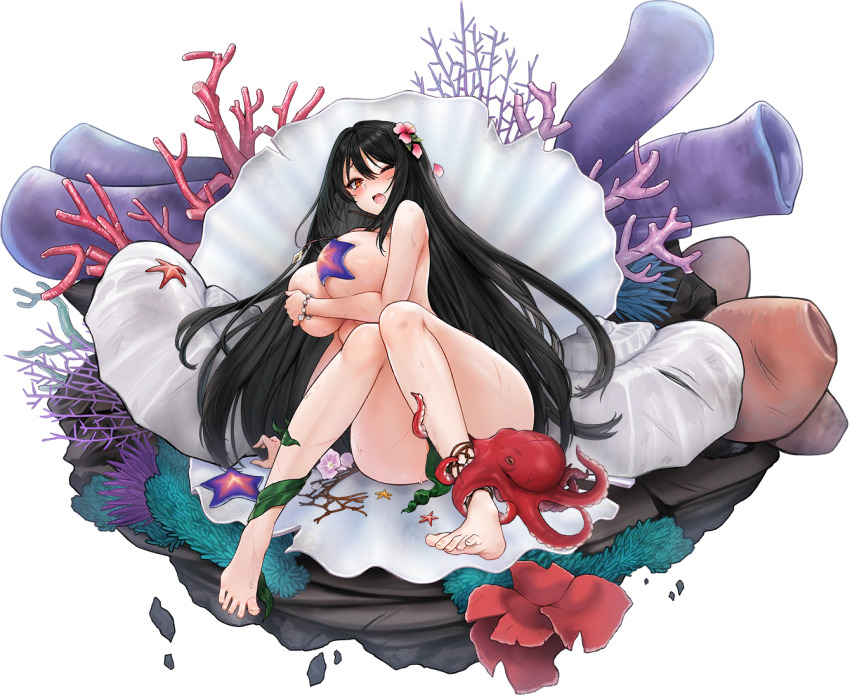 1girl amphitrite_(last_origin) anklet barefoot bikini bikini_bottom_aside black_hair blush bracelet breasts broken_necklace clothing_aside coral covering_nipples covering_privates crumbling defeat falling_petals feet flower full_body hair_between_eyes hair_flower hair_ornament injury jewelry kelp knees_together_feet_apart large_breasts last_origin leaf_bracelet long_hair looking_at_viewer mel_(dodosae) necklace net octopus official_alternate_costume official_art one_eye_closed open_mouth petals pink_flower red_eyes saliva seaweed shell shell_necklace simple_background sitting skindentation solo starfish_bikini suggestive_fluid sweat swimsuit tachi-e tearing_up tentacles third-party_source toenails toes torn_bikini torn_clothes transparent_background underboob