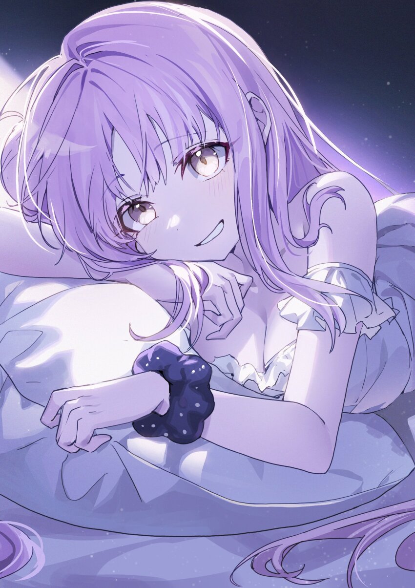 1girl absurdres b_soyo1 bare_shoulders blue_archive breasts commentary cushion hair_between_eyes hand_on_own_chin highres large_breasts long_hair looking_at_viewer mika_(blue_archive) on_cushion pajamas pink_hair scrunchie smile solo white_pajamas wrist_scrunchie yellow_eyes