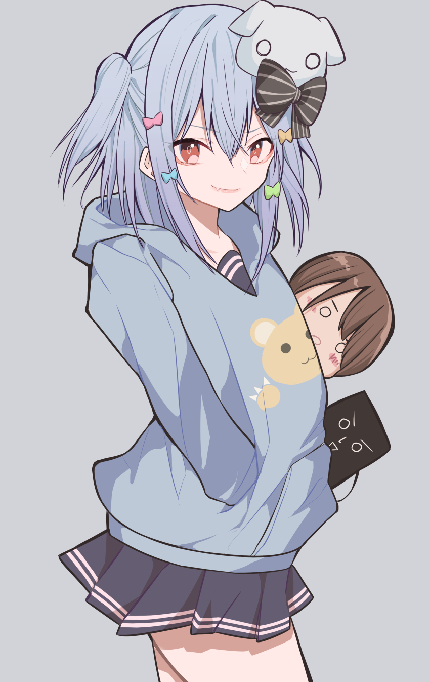 1boy absurdres black_bow black_skirt blue_hair blue_hoodie bow closed_mouth commentary_request cowboy_shot fang hair_between_eyes hair_bow hand_in_pocket highres hood hood_down hoodie inuyama_tamaki kapuhedo_(caplico_77) long_sleeves male_focus medium_hair miniskirt noripro orange_eyes pleated_skirt simple_background skin_fang skirt smile solo standing striped_bow trap virtual_youtuber