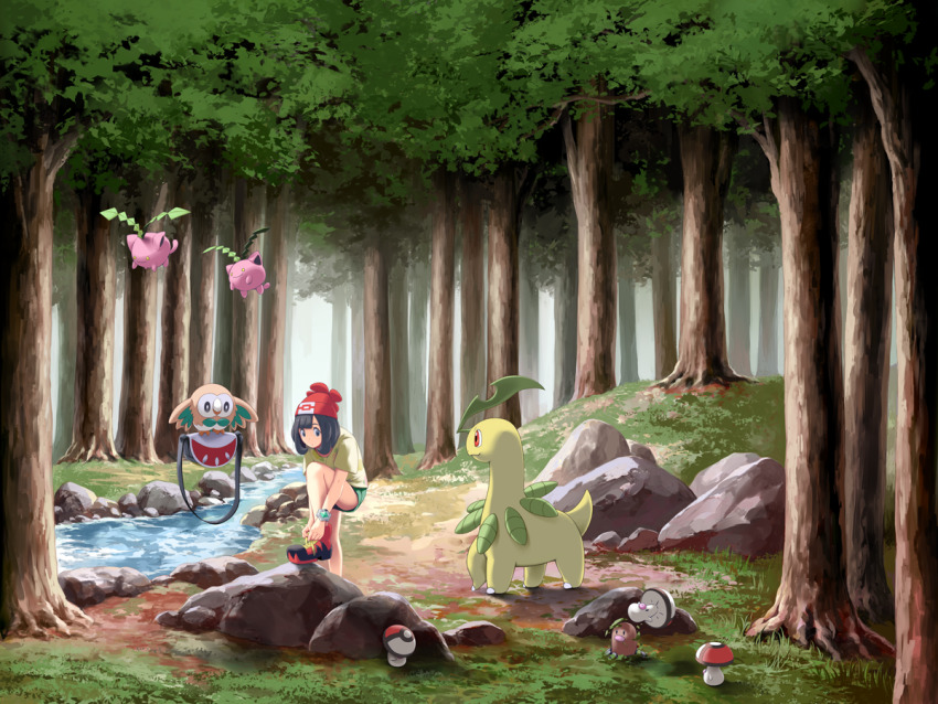 1girl bag bayleef beanie bird black_hair bracelet commentary_request diglett foongus gen_1_pokemon gen_2_pokemon gen_5_pokemon gen_7_pokemon grass green_shorts hat hoppip jewelry mk_(mikka) nintendo outdoors owl pokemon pokemon_(creature) pokemon_sm red_headwear rock rowlet selene_(pokemon) shirt shoes short_sleeves shorts standing stream tree tying_shoes water