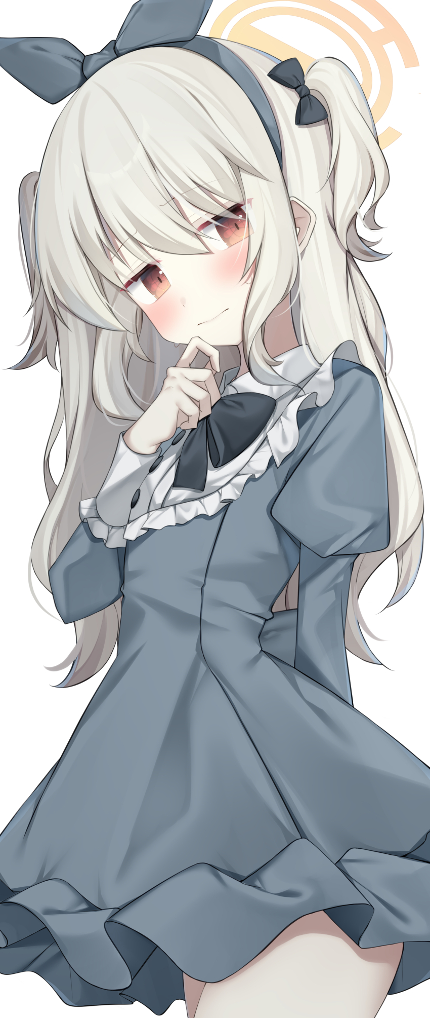 1girl absurdres alternate_costume aoba_(blue_archive) blonde_hair blue_archive blush bow_hairband closed_mouth collared_dress commentary_request dress grey_dress hair_between_eyes hairband halo hanasaki_rin highres juliet_sleeves long_hair long_sleeves puffy_sleeves red_eyes simple_background solo two_side_up white_background yellow_halo