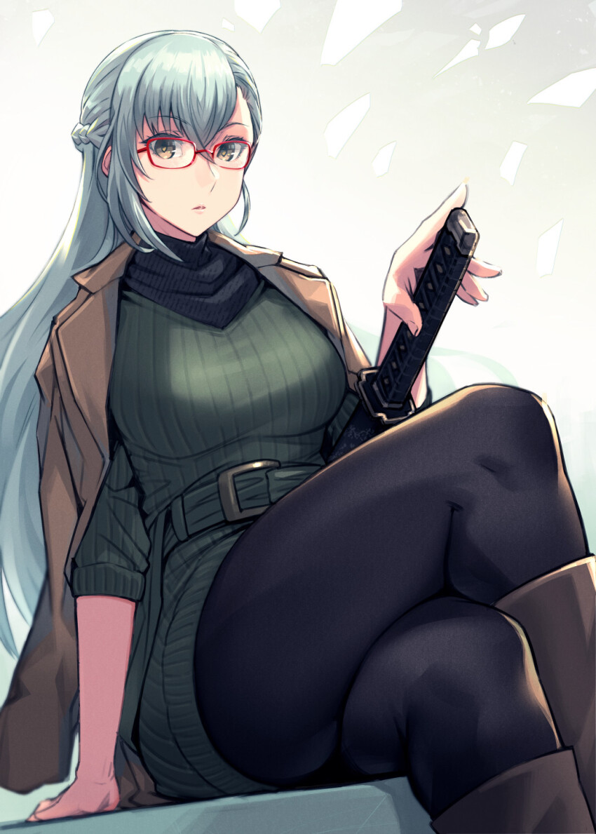 1girl belt black_pantyhose boots braid breasts brown_boots brown_coat coat coat_on_shoulders commentary_request crossed_legs glasses green_belt green_sweater grey_hair hair_between_eyes half_up_braid highres holding katana kitora_mirja large_breasts lips long_hair long_sleeves looking_at_viewer mikel_(4hands) orange_eyes pantyhose parted_lips red-framed_eyewear ribbed_sweater sheath sheathed sidelocks sitting solo sweater sword toji_no_miko weapon
