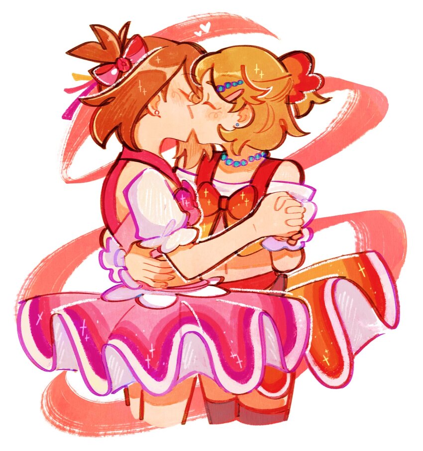 2girls ange_(angeban93) blonde_hair bow bowtie brown_hair commentary english_commentary hair_bow highres holding_hands idol jewelry kiss may_(pokemon) multiple_girls necklace nintendo pokemon pokemon_(anime) pokemon_journeys red_bow red_bowtie serena_(pokemon) short_hair skirt tagme yuri