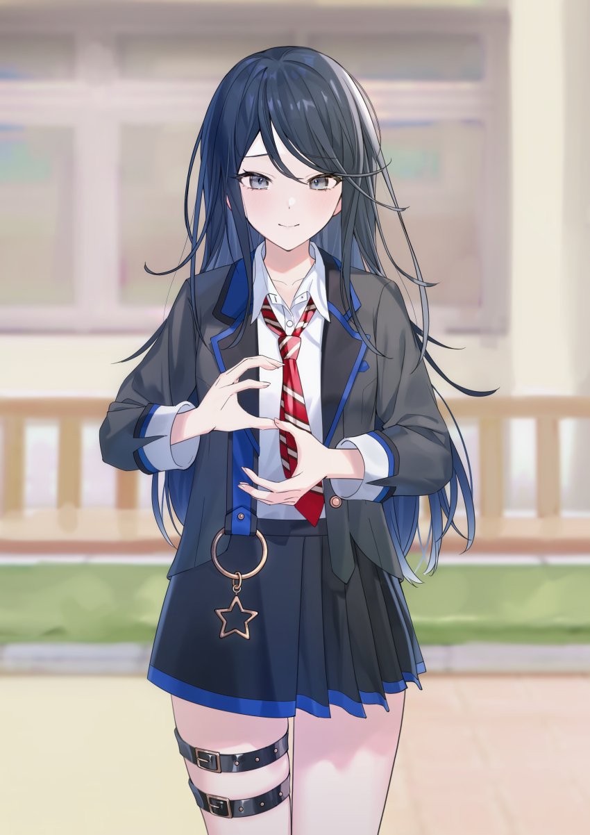 1girl absurdres belt black_hair black_jacket black_skirt blue_hair blush closed_mouth collared_shirt cowboy_shot gradient_hair grey_eyes highres hoshino_ichika_(project_sekai) jacket long_hair looking_at_viewer multicolored_hair necktie open_clothes open_jacket pleated_skirt project_sekai school shirt skirt smile solo thigh_belt thigh_strap timmoo white_shirt