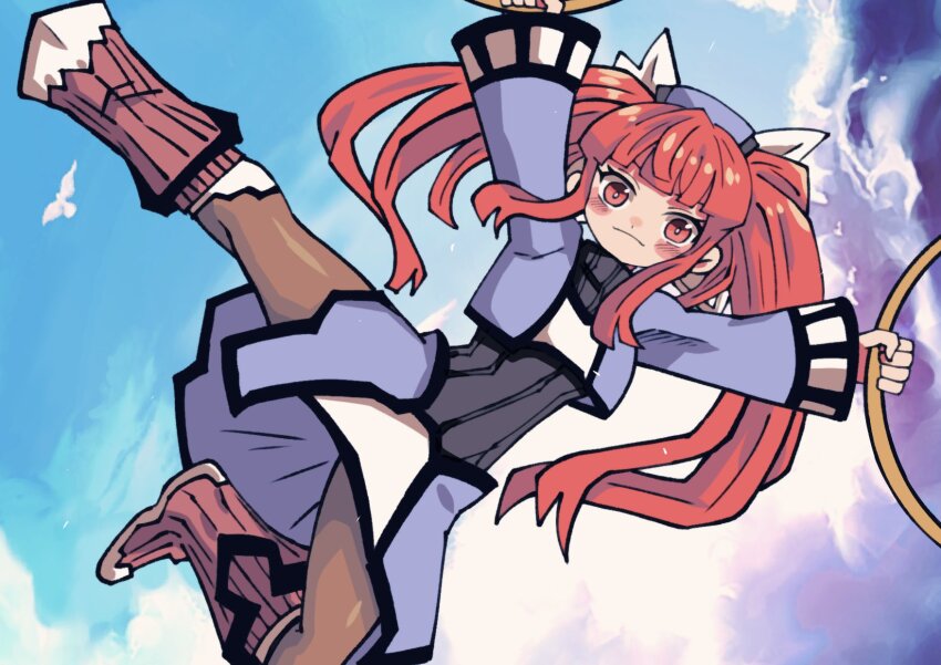 1girl batchgooya bird blush_stickers boots chakram closed_mouth cloud dewprism dress full_body hat highres holding holding_weapon knee_boots long_hair long_sleeves looking_at_viewer mint_(dewprism) pantyhose pink_hair smile solo twintails weapon